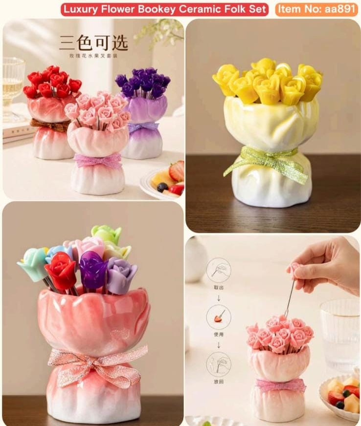 Flower Bouquet Fruit Fork Set with Ceramic Holder