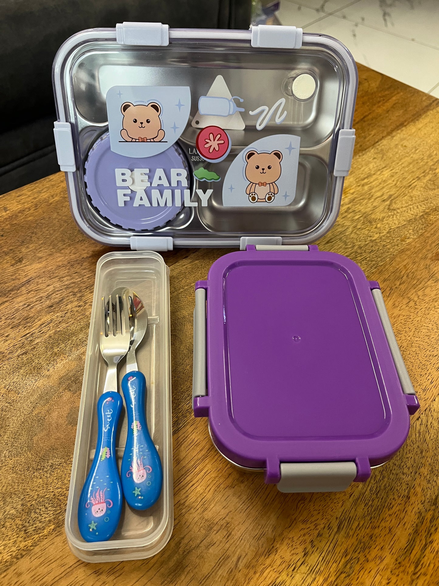 Bear Family Lunch Kit – Spoon, Fork & Box Combo
