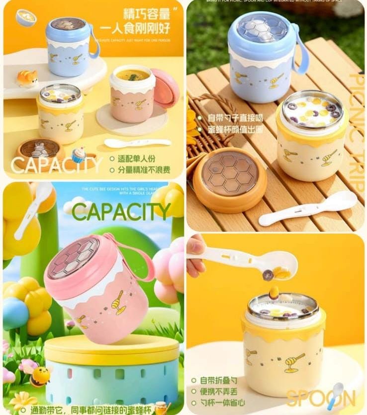 Honey Bee Insulated Soup Cup with Folding Spoon