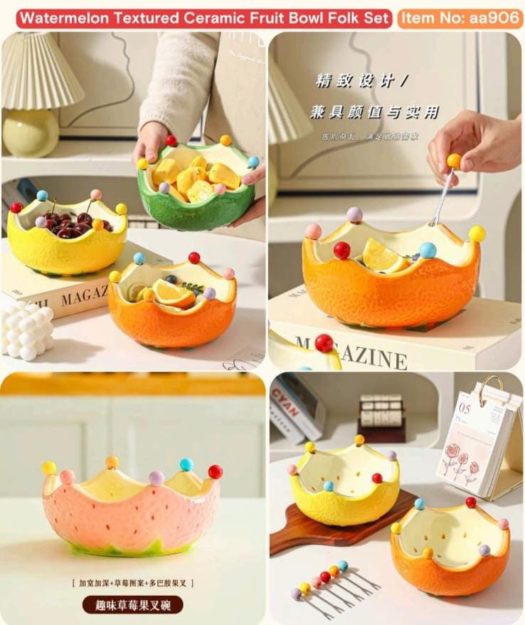 Creative Crown Ceramic Fruit Bowl & Fork Set