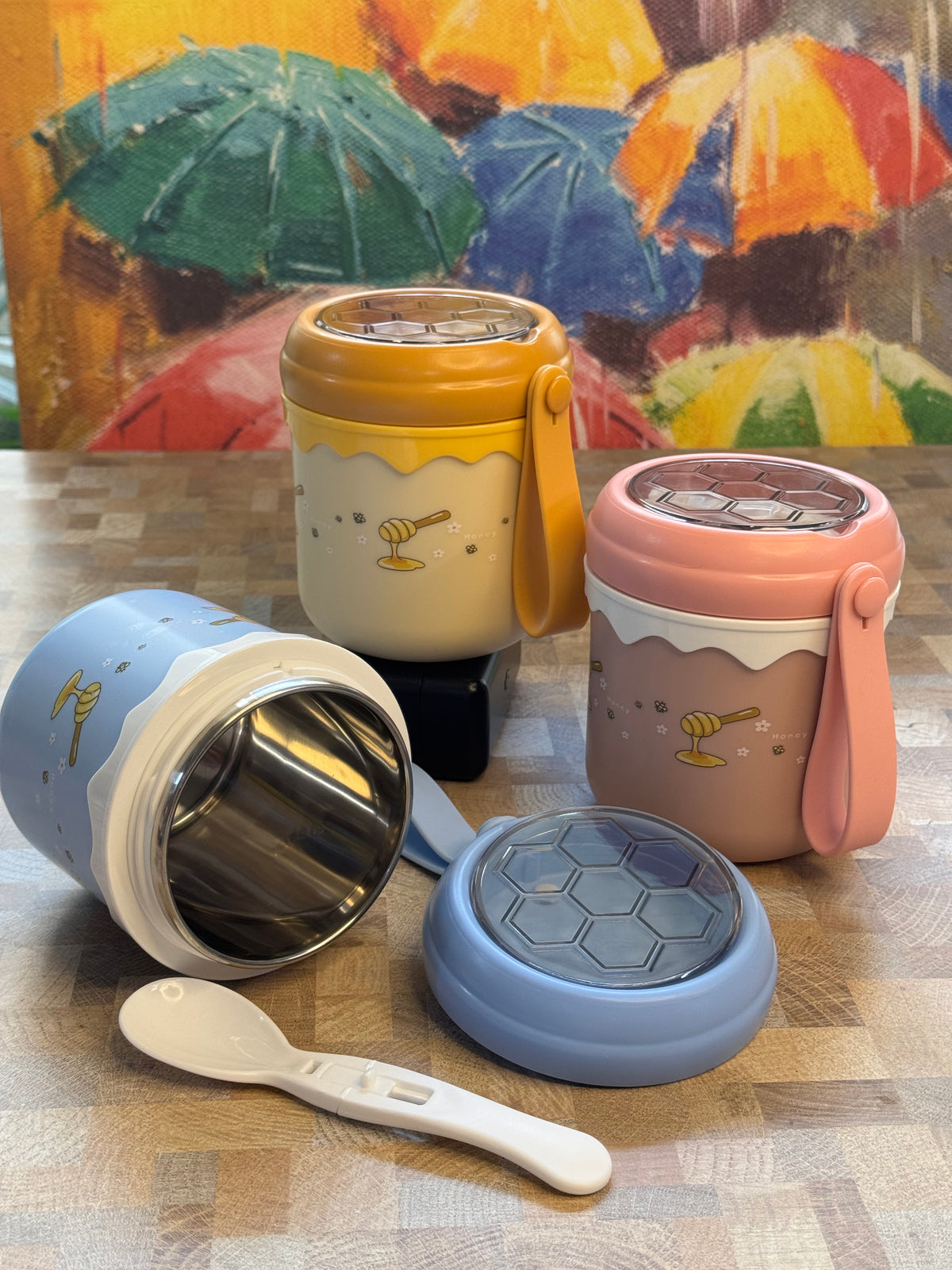 Honey Bee Insulated Soup Cup with Folding Spoon