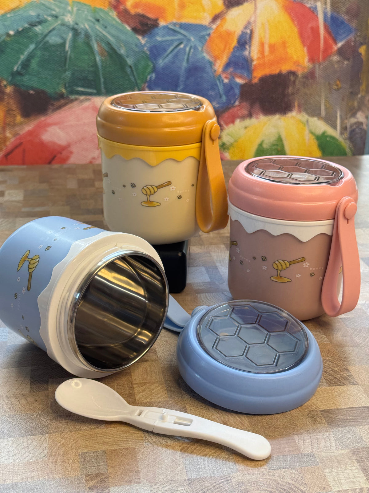 Honey Bee Insulated Soup Cup with Folding Spoon