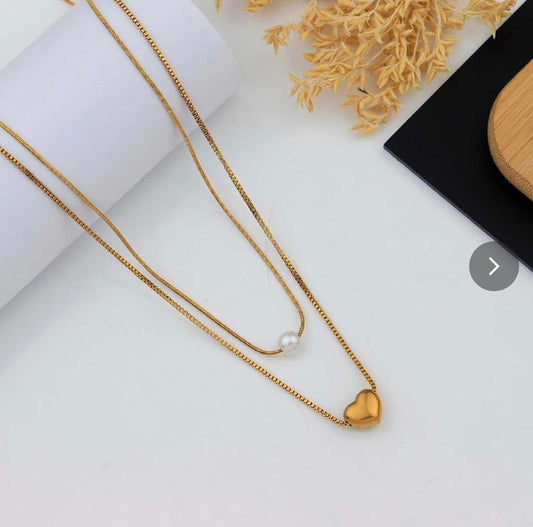 Two Layer Pearl & Heart Chain Pendant