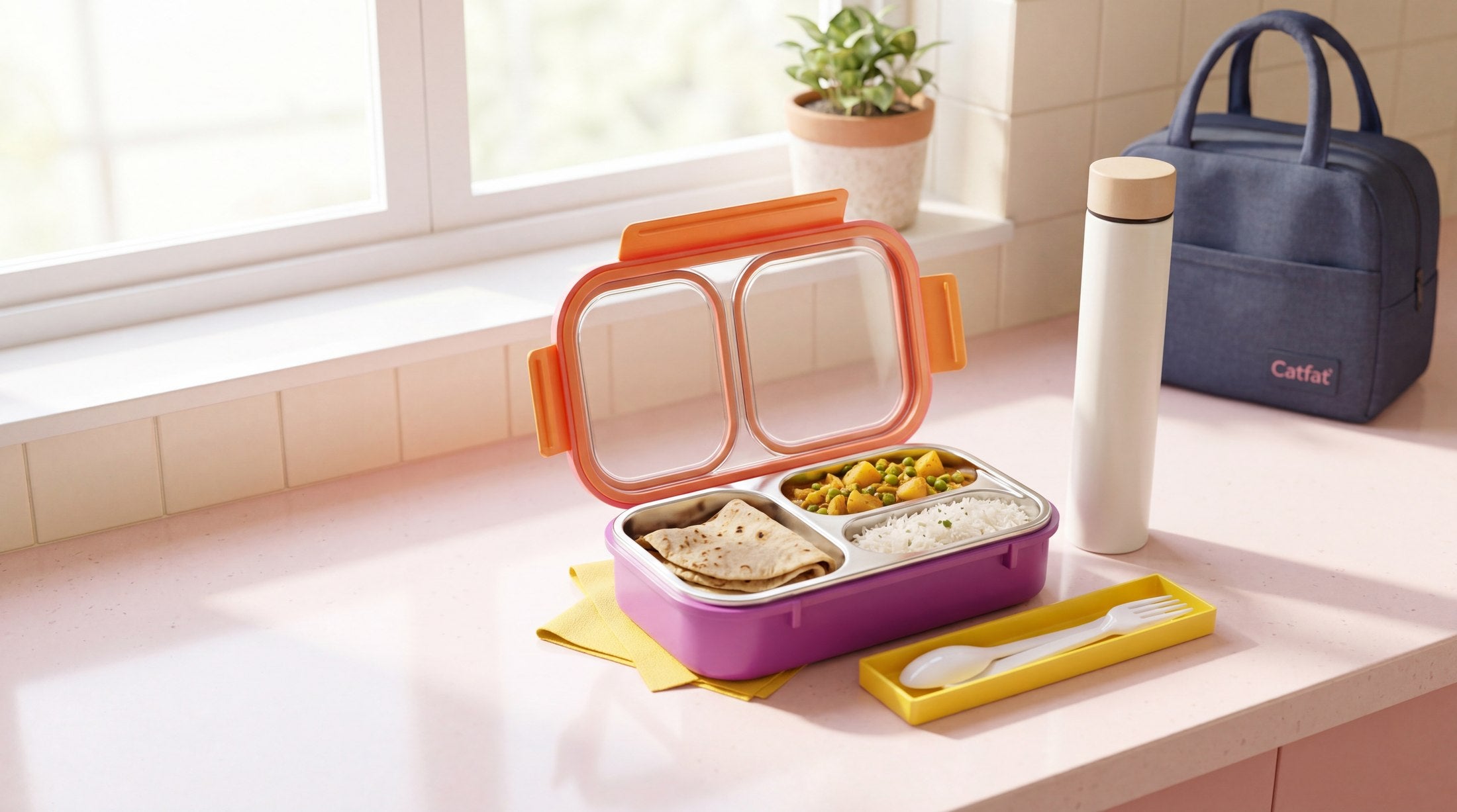 CatFat bento lunch box with built-in spoon
